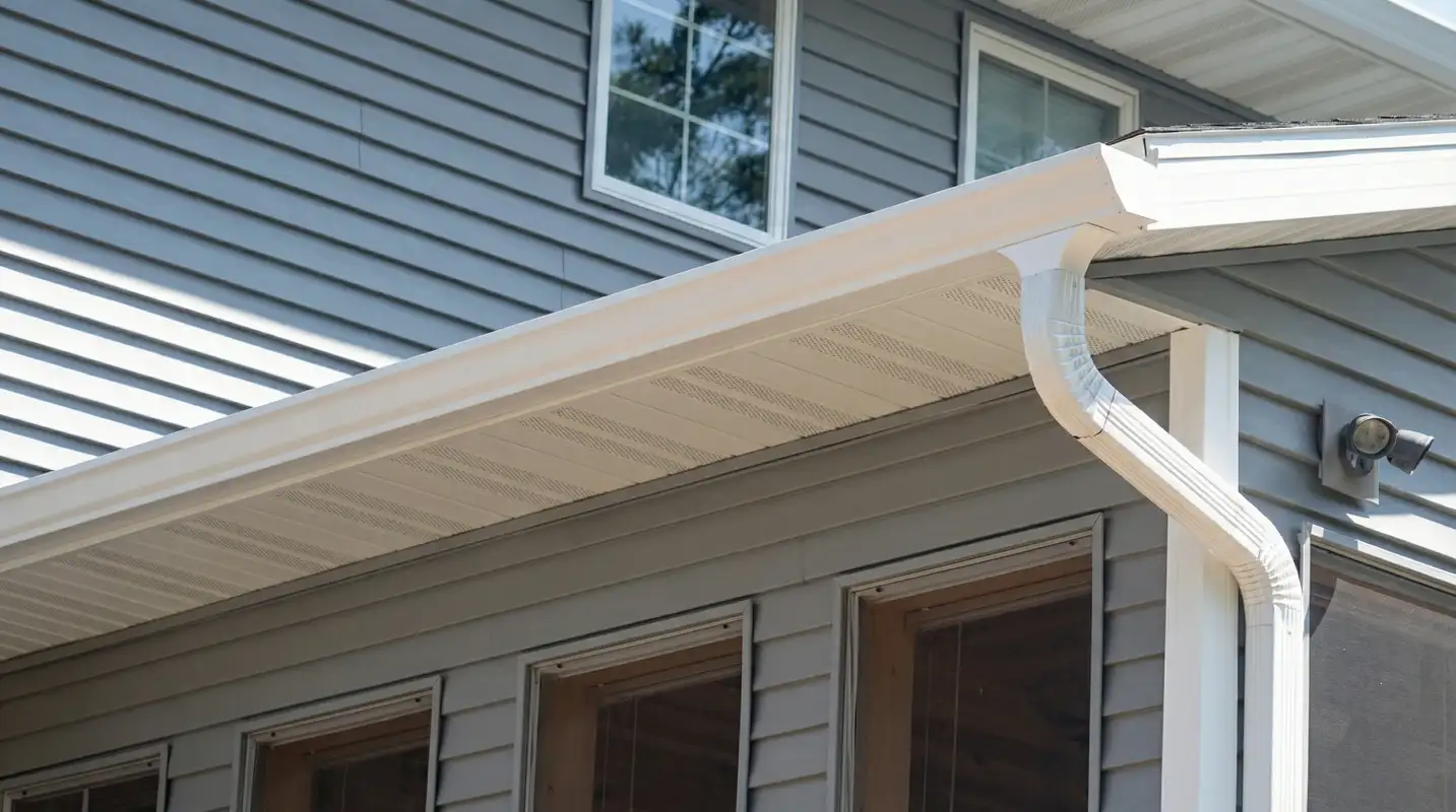 Professional home remodeling project showing newly installed white seamless gutters and downspouts on a house with gray siding in San Jose, CA
