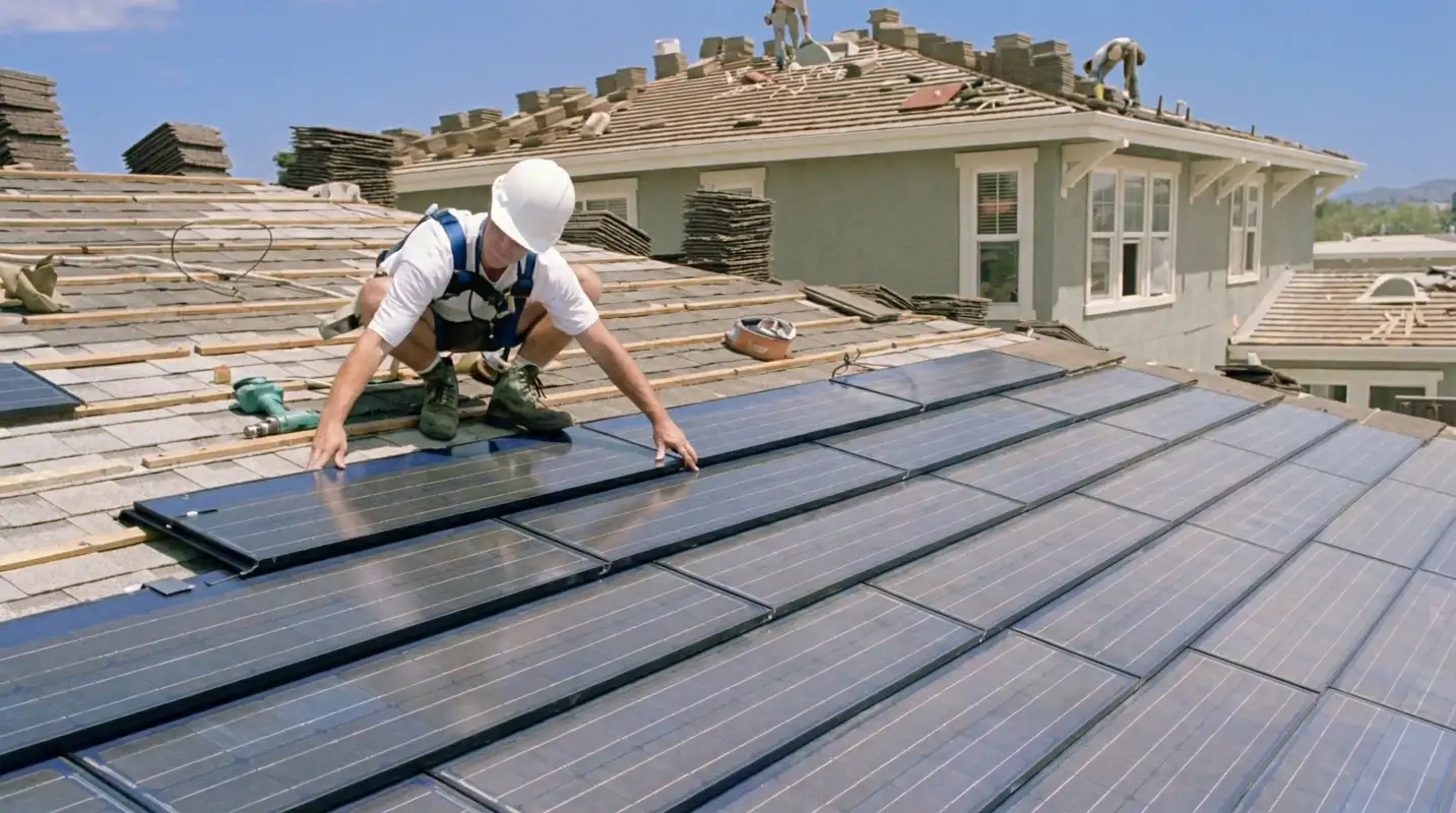 Roof replacement expert installing modern solar shingles on a residential home in San Jose, CA