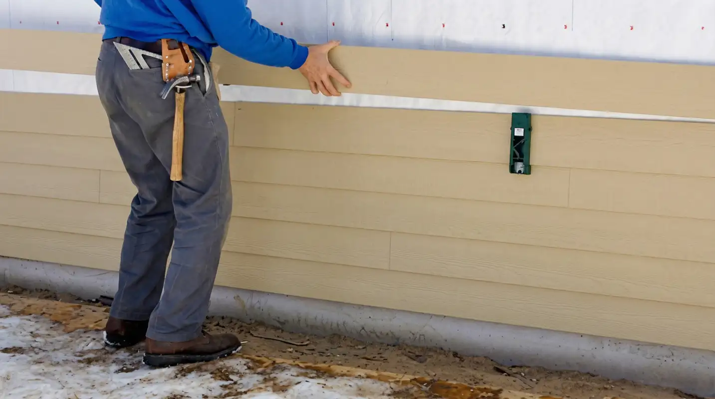 Siding replacement expert carefully aligning a new tan siding panel onto a residential exterior wall in San Jose, CA