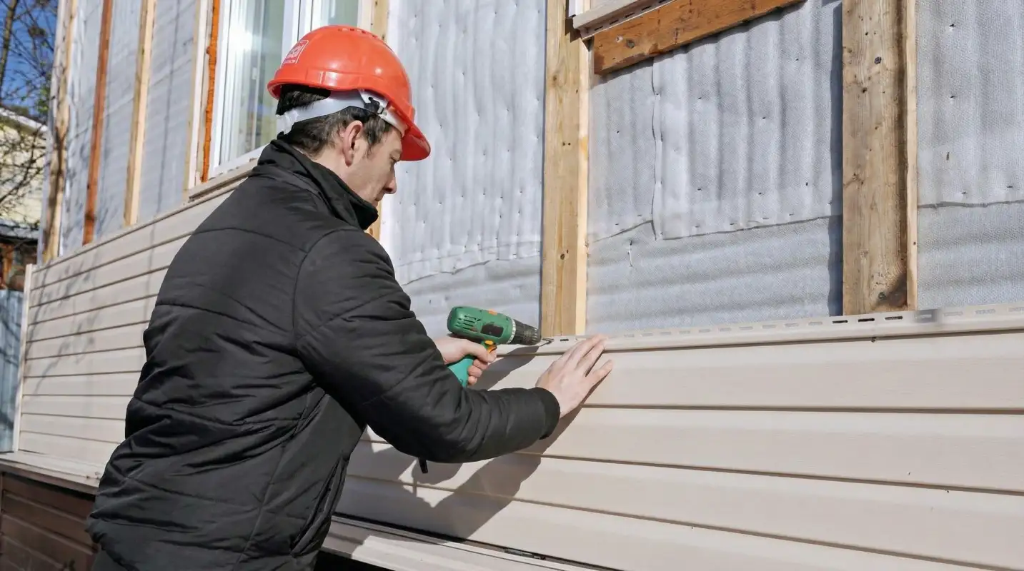 Siding replacement professional using a power drill to install new tan vinyl siding on a home exterior in San Jose, CA
