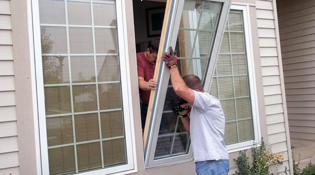 Professional home remodeling team installing a large replacement window on a house with tan siding in San Jose, CA