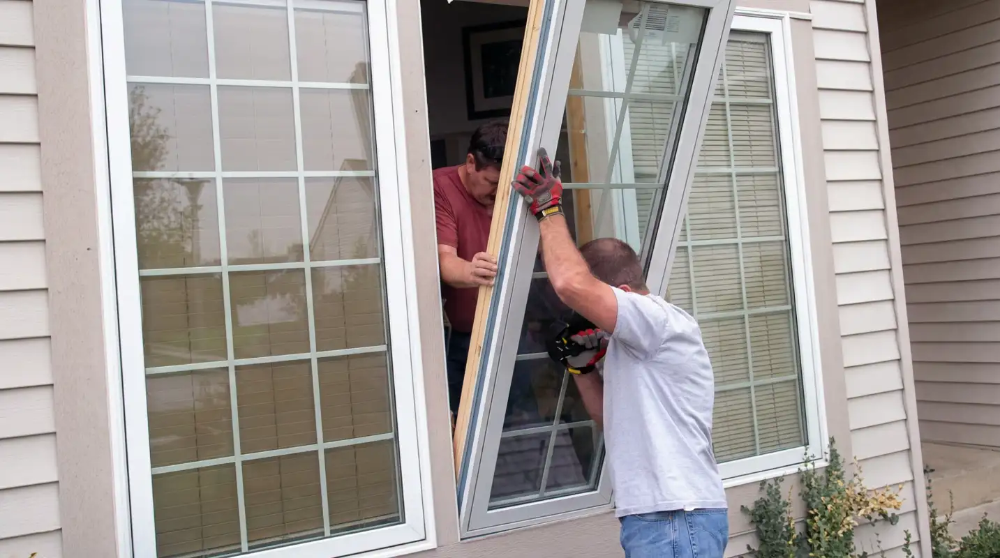 Professional home remodeling team installing a large replacement window on a house with tan siding in San Jose, CA